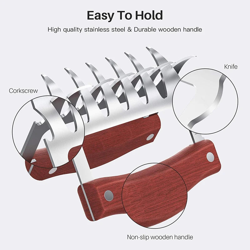 LMETJMA Stainless Steel Bear Claw Meat Shredders with Wooden Handle & Bottle Opener - Perfect for BBQ, Chicken, and Pulled Pork