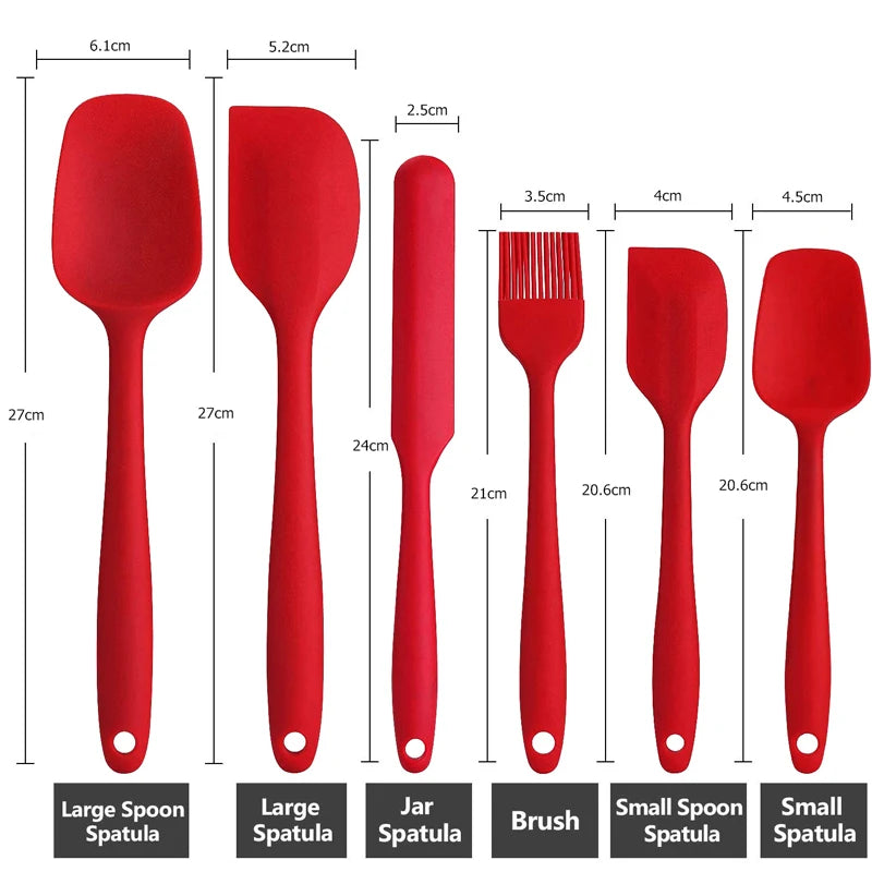 Measurements of large spoon spatula, large spatula, jar spatula, brush, small spoon spatula, and small spatula from a red silicone kitchen utensil set.