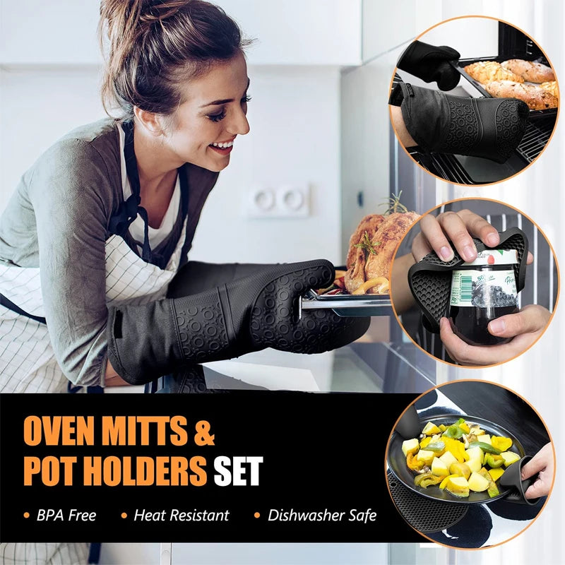 LMETJMA 6-Piece Extra Long Oven Mitts & Pot Holders Set - Heat Resistant Silicone Cooking Gloves and Hot Pads