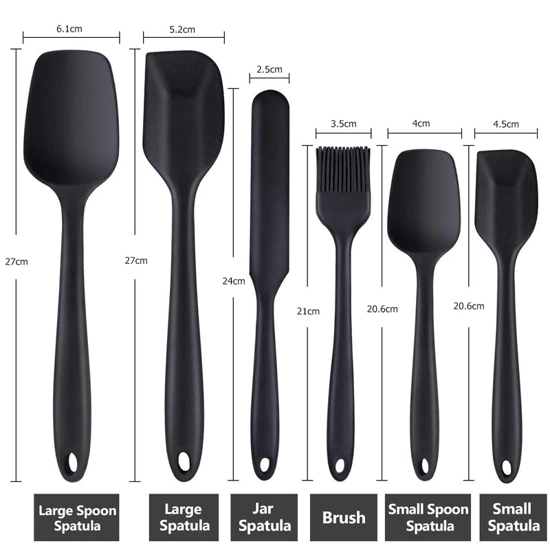 Set of six black silicone kitchen utensils, including spatulas, a brush, and a scraper, perfect for non-stick cookware and baking. Showing Dimensions