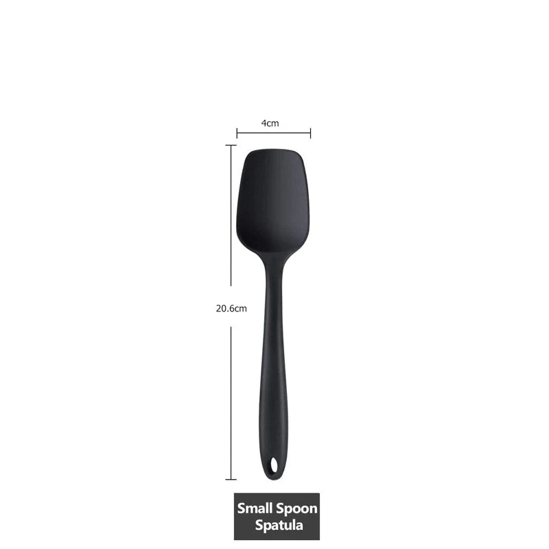 Measurement of a small black silicone spoon spatula, 20.6 cm in length with a 4 cm wide head.