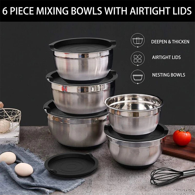 LMETJMA 6-Piece Stainless Steel Mixing Bowl Set with Lids and Non-Slip Bases - Ideal for Baking, Cooking, and Storage