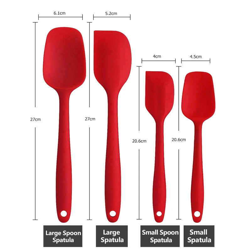 Measurements of large spoon spatula, large spatula, small spoon spatula, and small spatula from a red silicone kitchen utensil set.