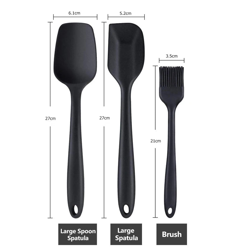 Detailed measurements of large spoon spatula, large spatula, and brush from a black silicone kitchen utensil set