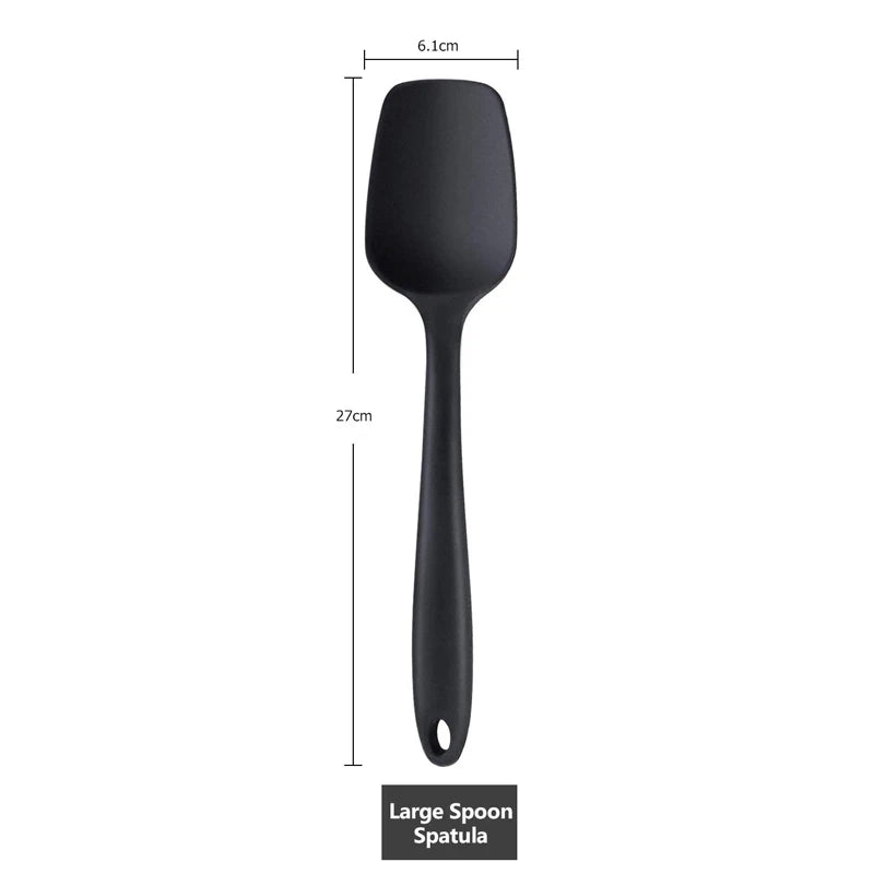 Large black silicone spoon spatula, perfect for non-stick cookware and baking. Showing Dimensions.