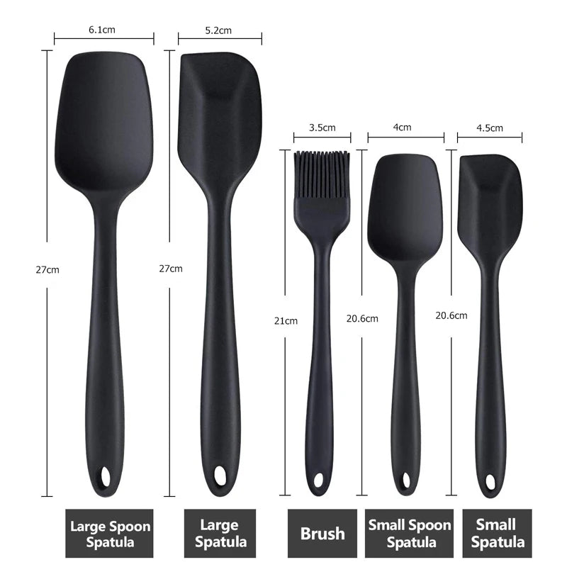 Measurements of large spoon spatula, large spatula, brush, small spoon spatula, and small spatula from a black silicone kitchen utensil set.