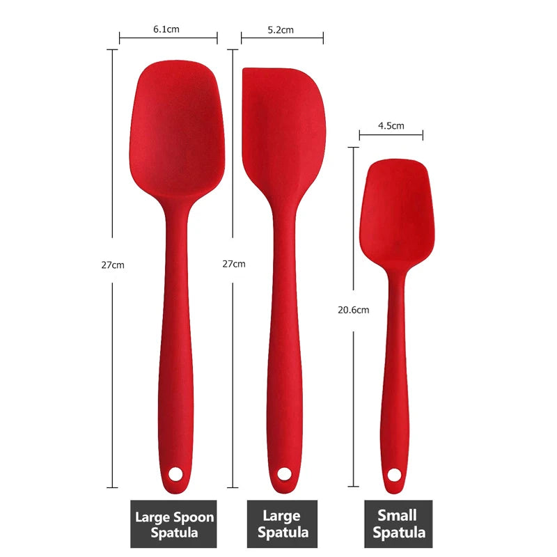 Measurements of large spoon spatula, large spatula, and small spatula from a red silicone kitchen utensil set.