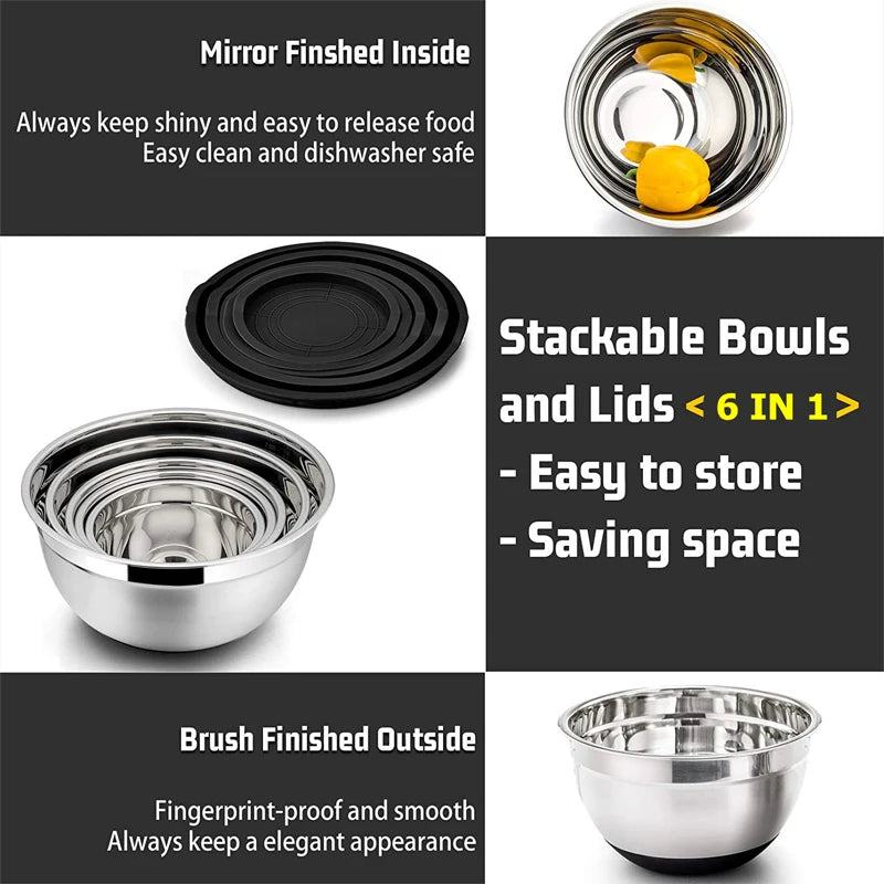 LMETJMA 6-Piece Stainless Steel Mixing Bowl Set with Lids and Non-Slip Bases - Ideal for Baking, Cooking, and Storage