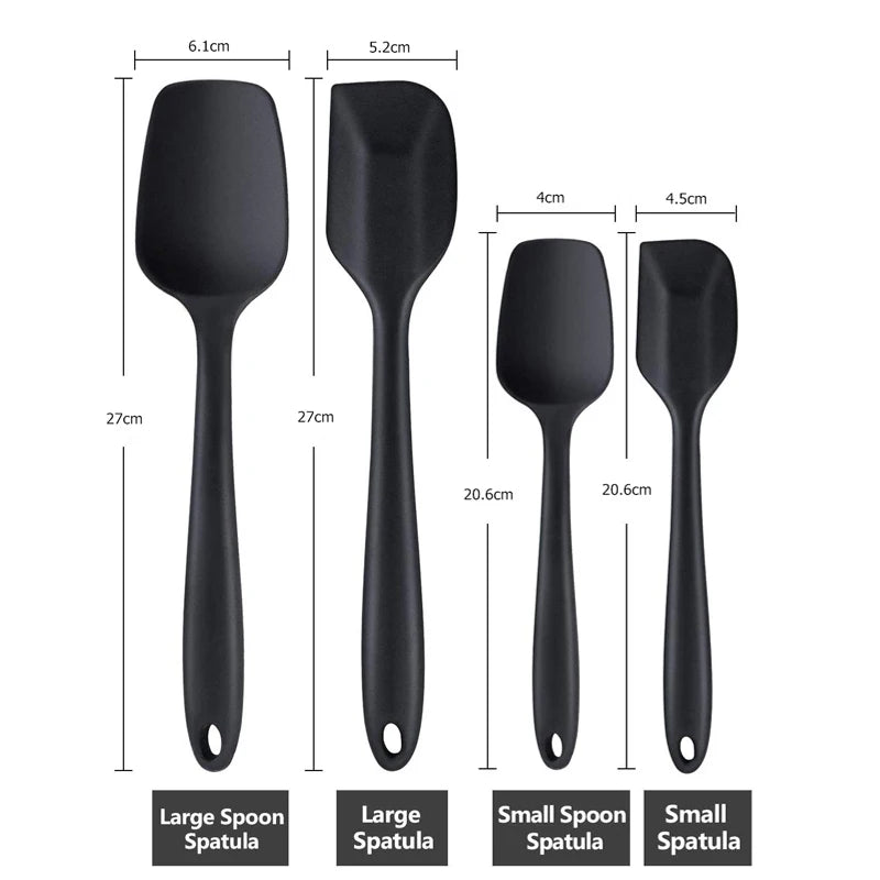 Measurements of large spoon spatula, large spatula, small spoon spatula, and small spatula from a black silicone kitchen utensil set.