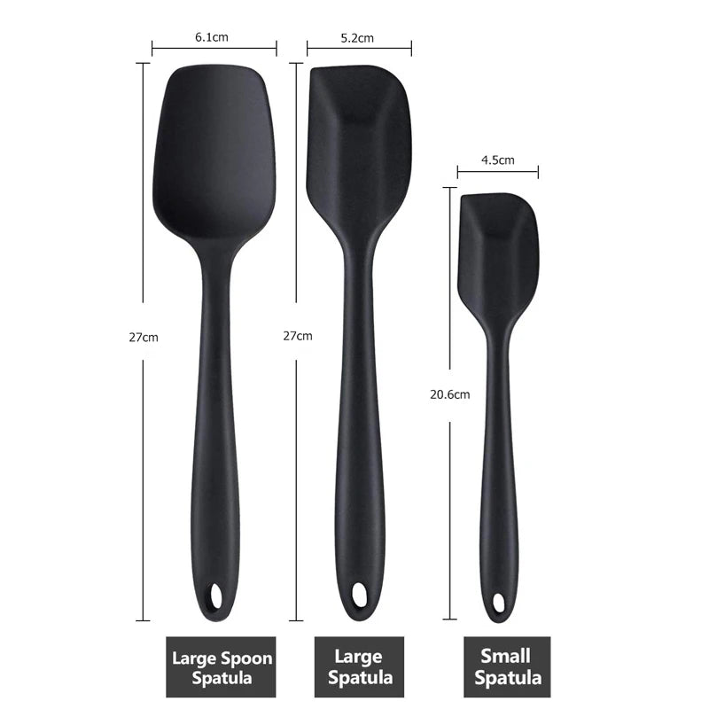 Measurements of large spoon spatula, large spatula, and small spatula from a black silicone kitchen utensil set.