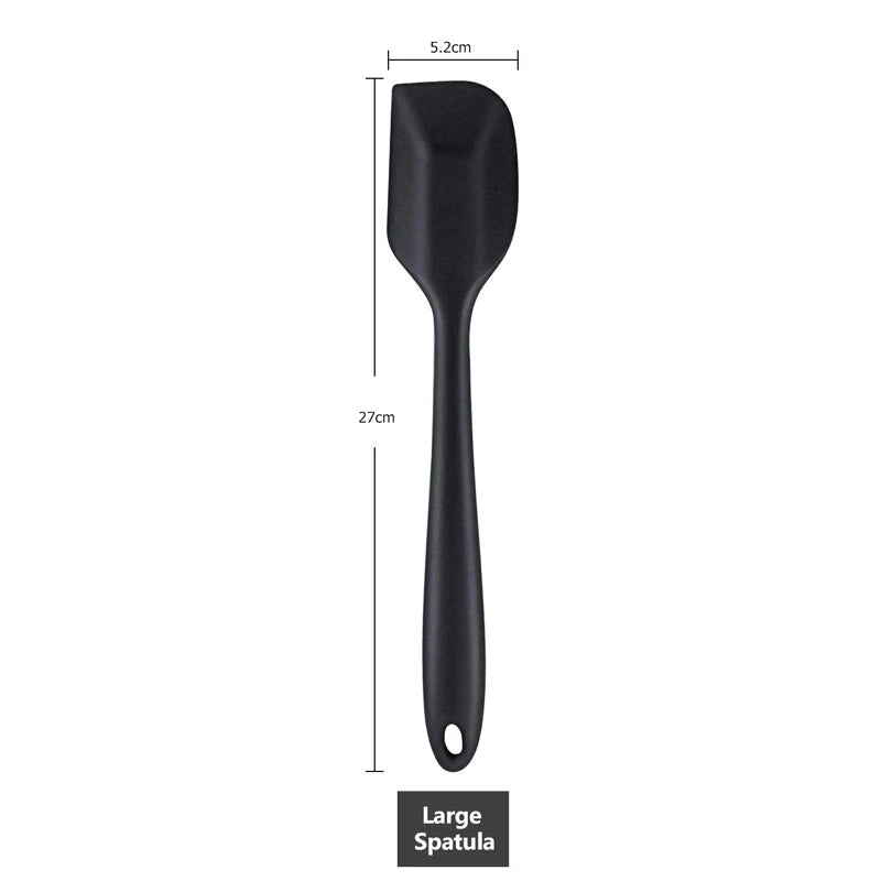 Large black silicone spatula, perfect for non-stick cookware and baking. Showing Dimensions.