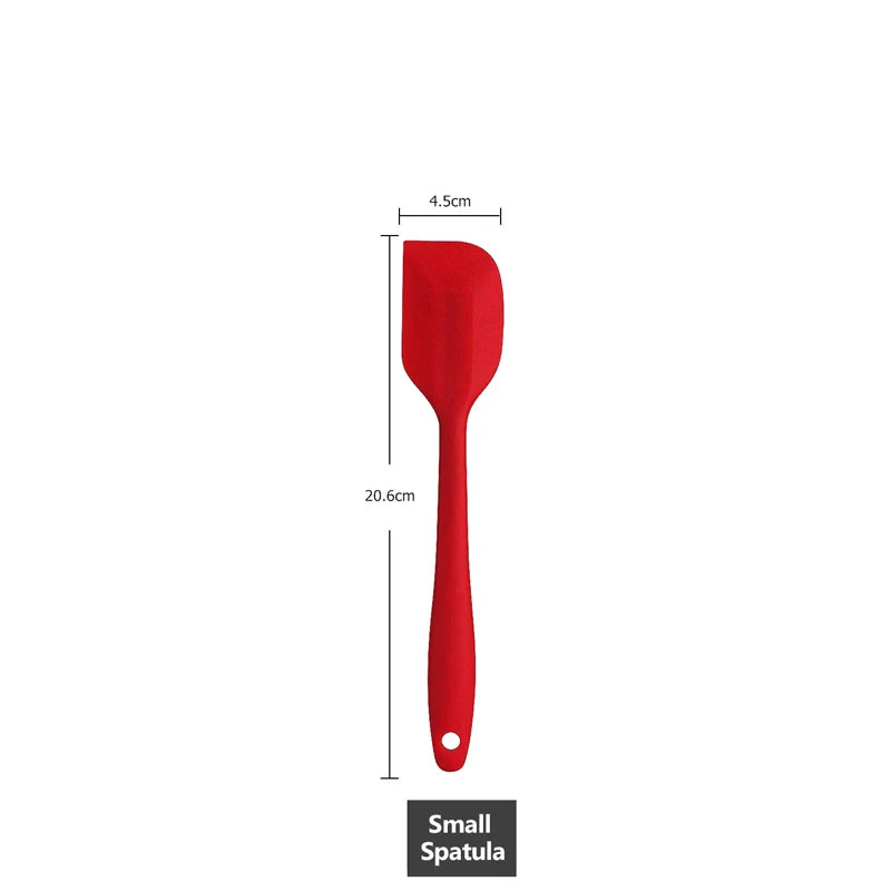 Measurement of a small red silicone spatula, 20.6 cm in length with a 4.5 cm wide head.