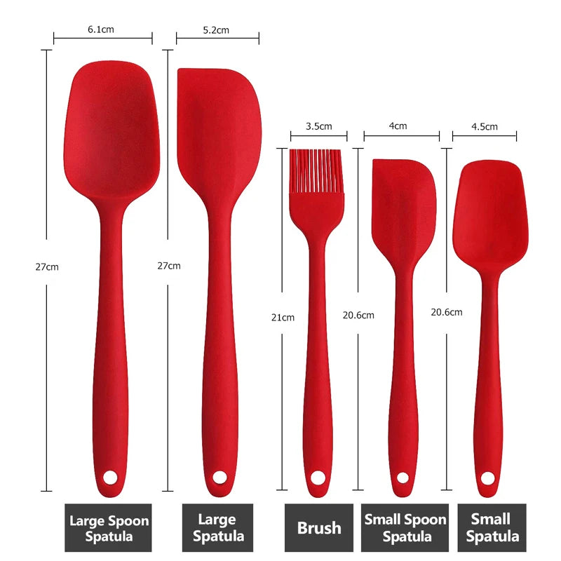 Measurements of large spoon spatula, large spatula, brush, small spoon spatula, and small spatula from a red silicone kitchen utensil set.