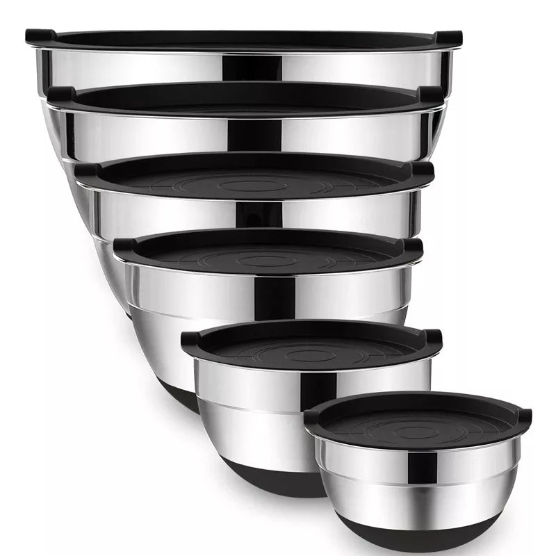 LMETJMA 6-Piece Stainless Steel Mixing Bowl Set with Lids and Non-Slip Bases - Ideal for Baking, Cooking, and Storage