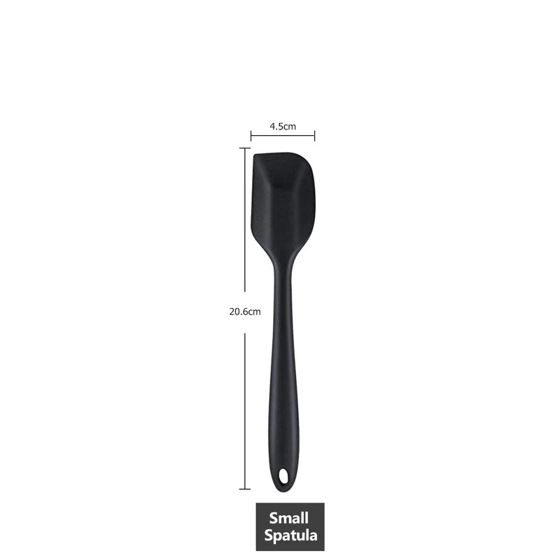 Measurement of a small black silicone spatula, 20.6 cm in length with a 4.5 cm wide head.