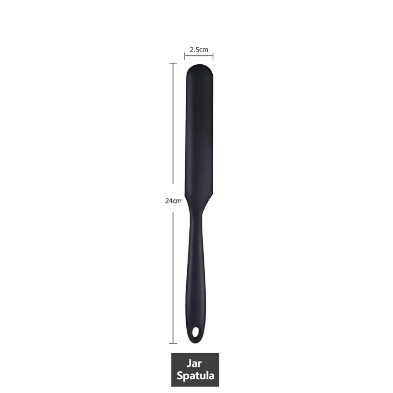 Black silicone kitchen spatua perfect for non-stick cookware and baking. Showing Dimensions.