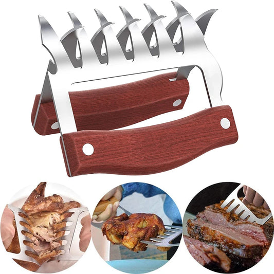 LMETJMA Stainless Steel Bear Claw Meat Shredders with Wooden Handle & Bottle Opener - Perfect for BBQ, Chicken, and Pulled Pork