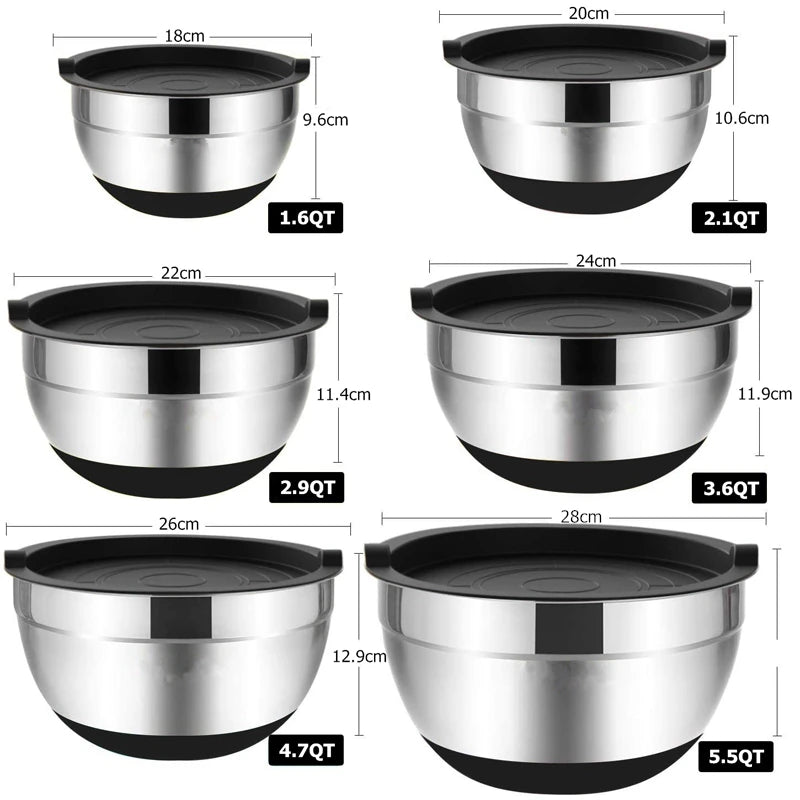 LMETJMA 6-Piece Stainless Steel Mixing Bowl Set with Lids and Non-Slip Bases - Ideal for Baking, Cooking, and Storage