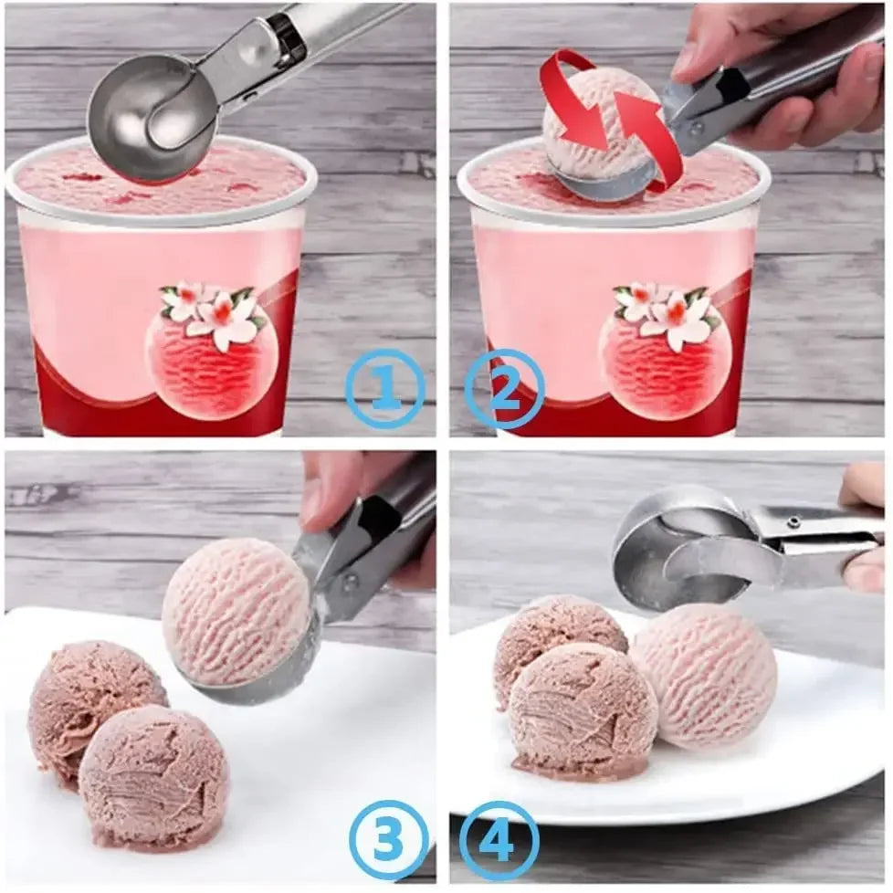 Stainless Steel Ice Cream Scoop with Easy-Press Handle - Durable and Eco-Friendly Kitchen Tool for Ice Cream, Melons, and Baking