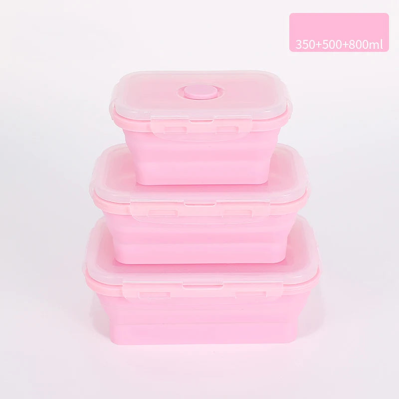 Set of colourful collapsible silicone food storage containers in  pink, ideal for saving space and keeping food fresh. 350ml + 500ml + 800ml