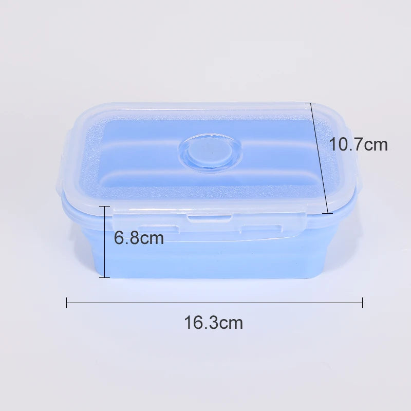 colourful collapsible silicone food storage container in  blue, ideal for saving space and keeping food fresh. Showing overall dimensions