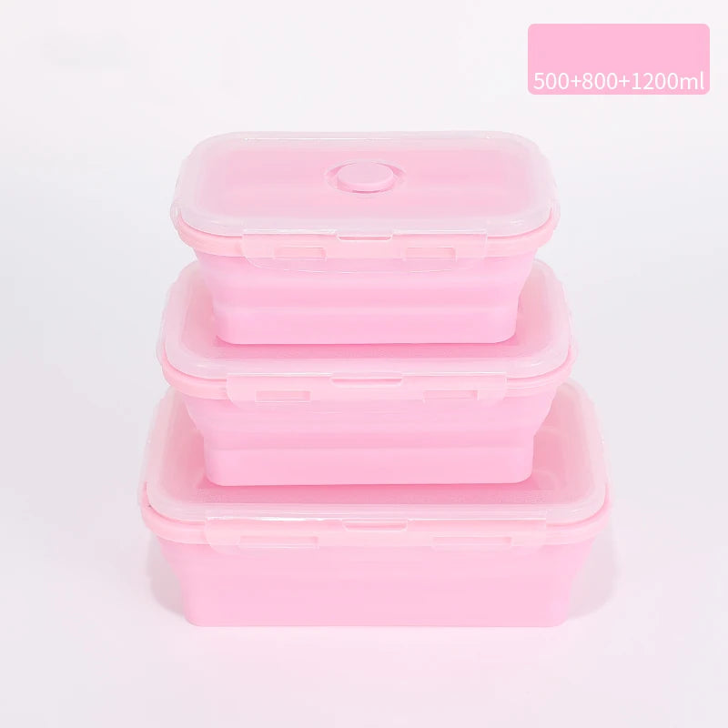 Set of colourful collapsible silicone food storage containers in  pink, ideal for saving space and keeping food fresh. 350ml + 800ml + 1200ml