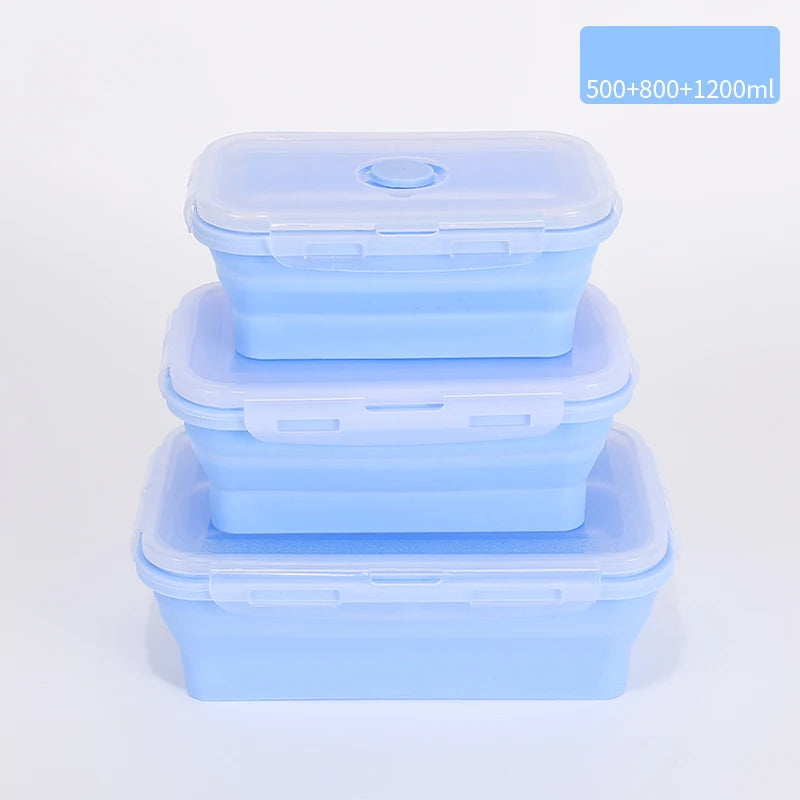 Set of colourful collapsible silicone food storage containers in  blue, ideal for saving space and keeping food fresh. 500ml + 800ml + 1200ml