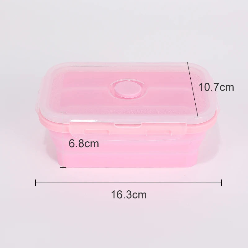 colourful collapsible silicone food storage container in  pink, ideal for saving space and keeping food fresh. Showing overall dimensions