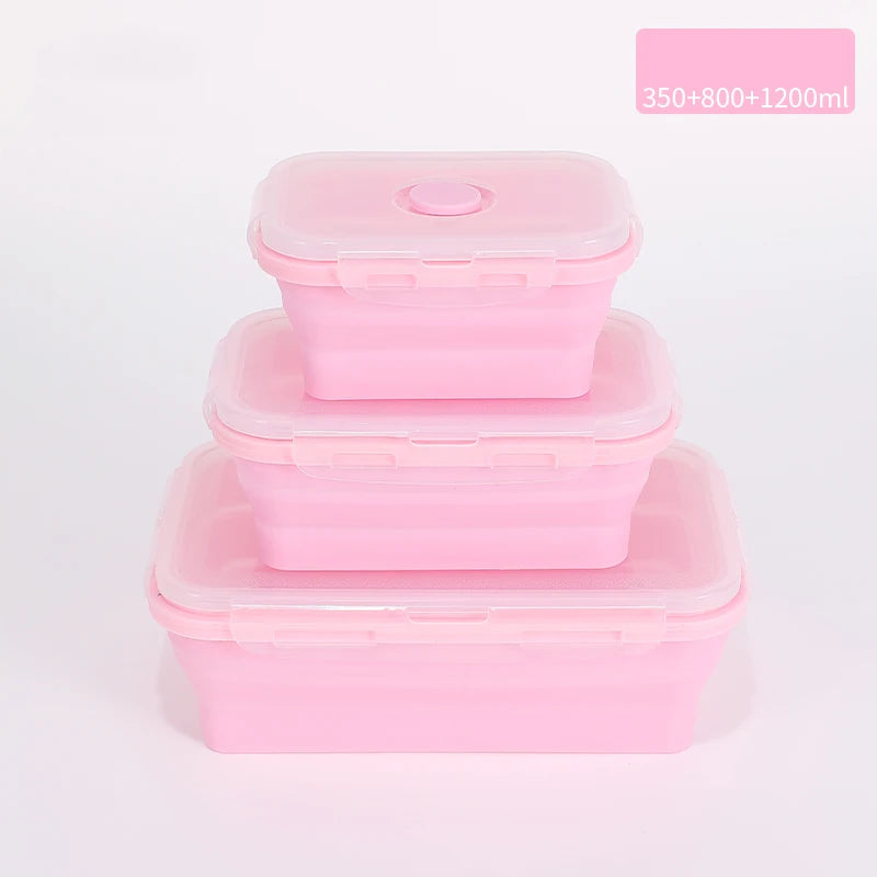 Set of colourful collapsible silicone food storage containers in  pink, ideal for saving space and keeping food fresh. 350ml + 800ml + 1200ml