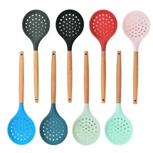 Silicone Strainer Spoon - Heat-Resistant with Wooden Handle for Non-Stick Cooking