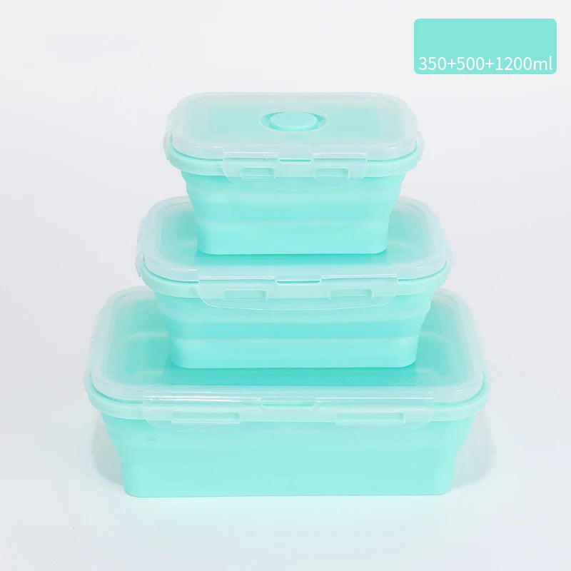 Set of colourful collapsible silicone food storage containers in  green, ideal for saving space and keeping food fresh. 350ml + 500ml + 1200ml