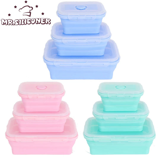 Set of colorful collapsible silicone food storage containers in blue, pink, and green, ideal for saving space and keeping food fresh.