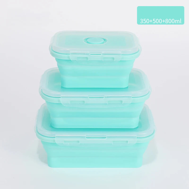 Set of colourful collapsible silicone food storage containers in  green, ideal for saving space and keeping food fresh. 350ml + 500ml + 800ml