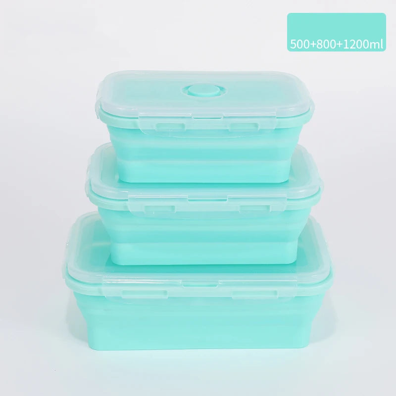 Set of colourful collapsible silicone food storage containers in  green, ideal for saving space and keeping food fresh. 500ml + 800ml + 1200ml