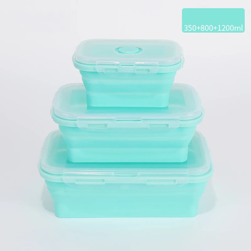 Set of colourful collapsible silicone food storage containers in  green, ideal for saving space and keeping food fresh. 350ml + 800ml + 1200ml