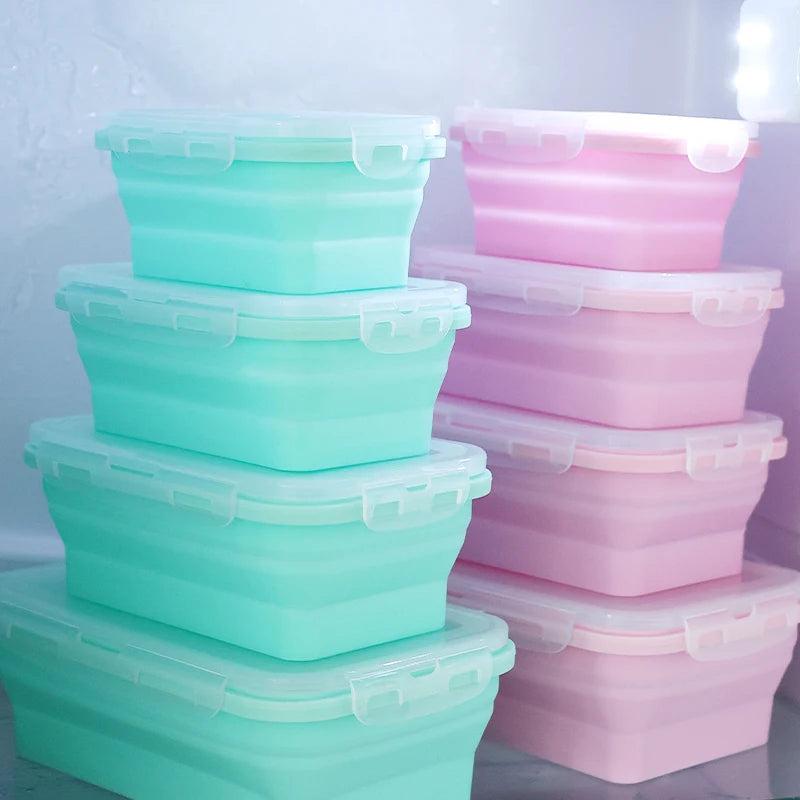 Set of colourful collapsible silicone food storage containers in  pink, and green, ideal for saving space and keeping food fresh.