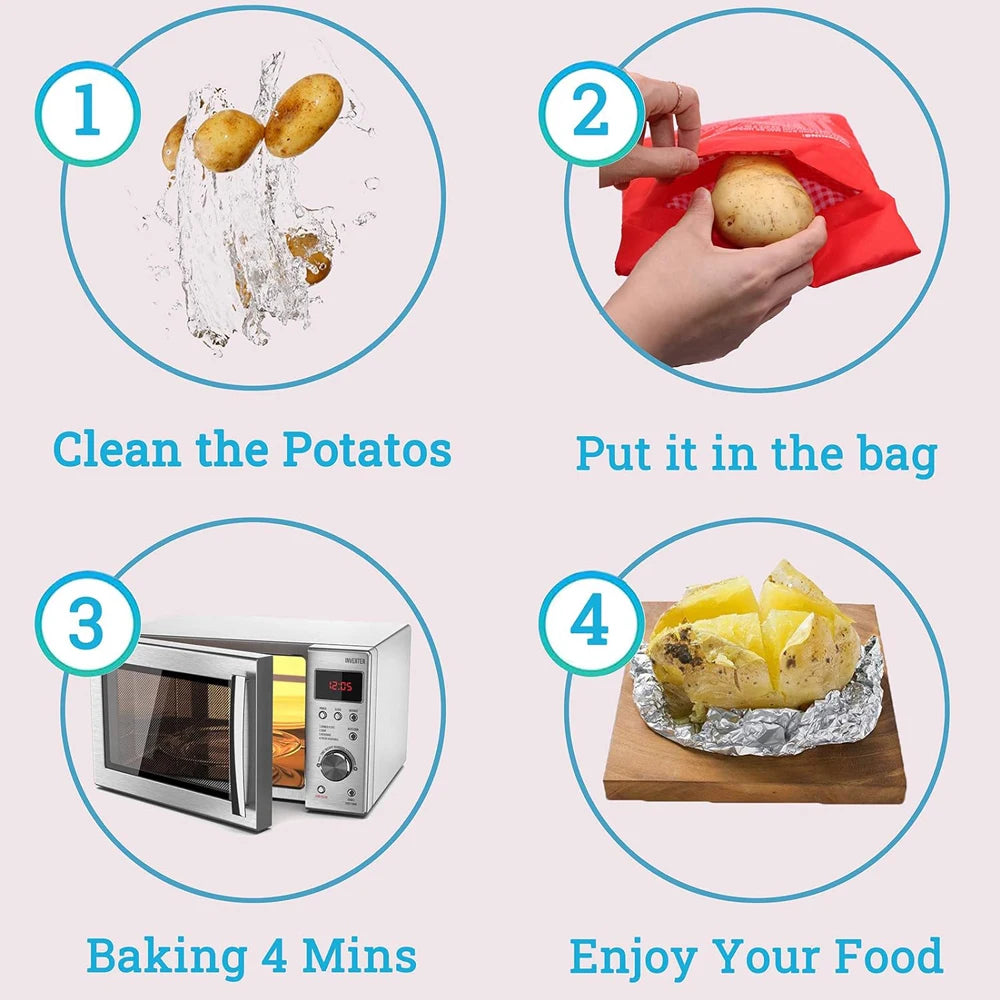 Reusable Microwave Potato Cooker Bag - Perfect Baked Potatoes in 4 Minutes, Red Express Pouch